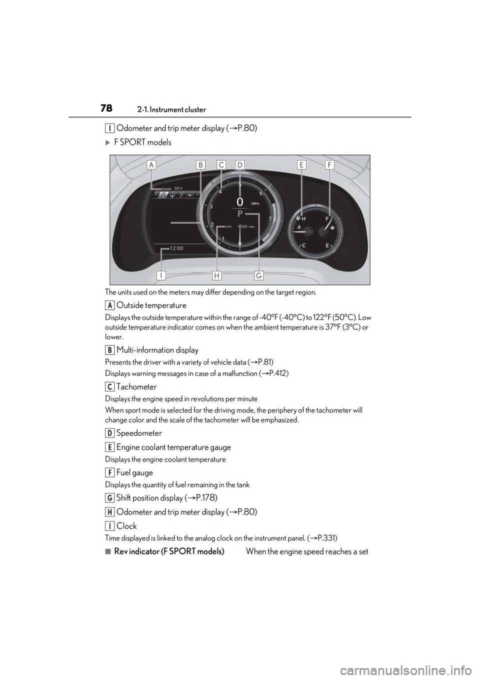 LEXUS RX350 2021  Owners Manual 782-1. Instrument cluster
Odometer and trip meter display (P.80)
F SPORT models
The units used on the meters may differ depending on the target region.
Outside temperature
Displays the outside t