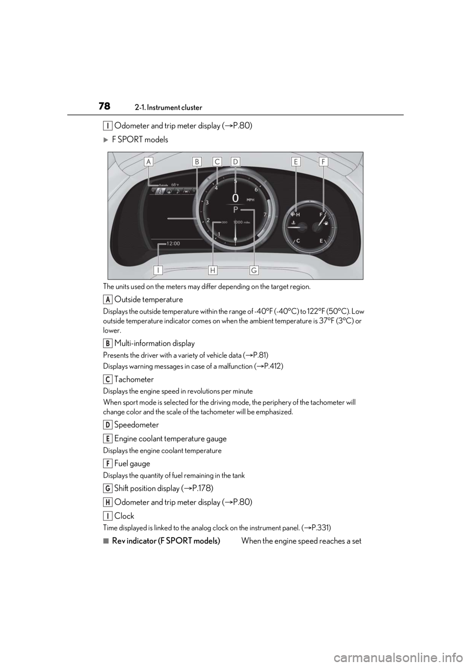 LEXUS RX350 2021 User Guide 782-1. Instrument cluster
Odometer and trip meter display (P.80)
F SPORT models
The units used on the meters may differ depending on the target region.
Outside temperature
Displays the outside t