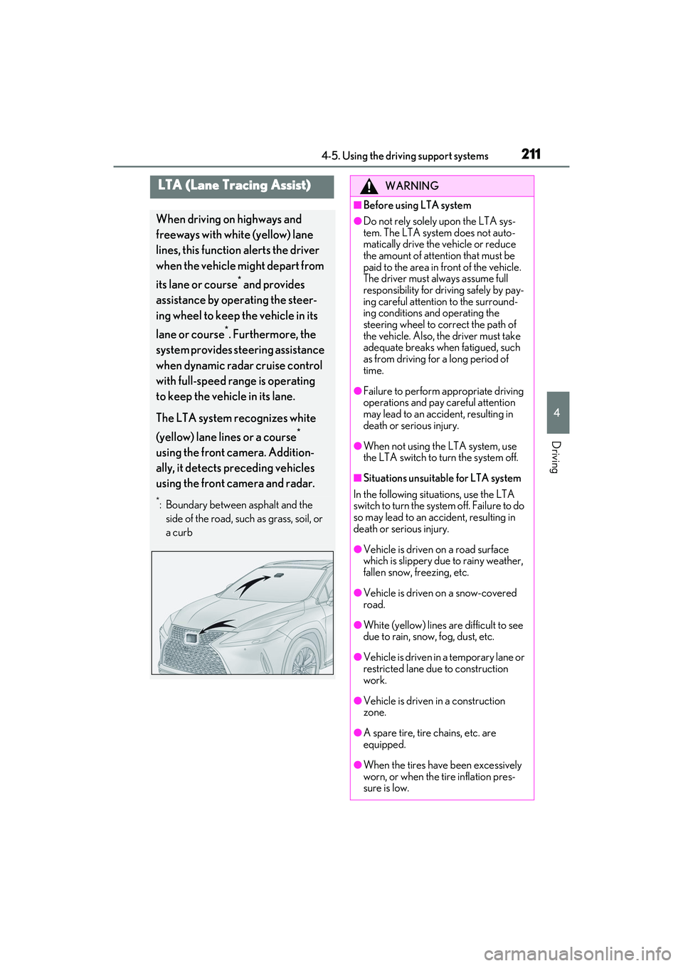 LEXUS RX350 2022 Owners Manual 2114-5. Using the driving support systems
4
Driving
LTA (Lane Tracing Assist)
When driving on highways and
freeways with white (yellow) lane
lines, this function alerts the driver
when the vehicle LEXUS RX350 2022 Owners Manual 2114-5. Using the driving support systems
4
Driving
LTA (Lane Tracing Assist)
When driving on highways and
freeways with white (yellow) lane
lines, this function alerts the driver
when the vehicle