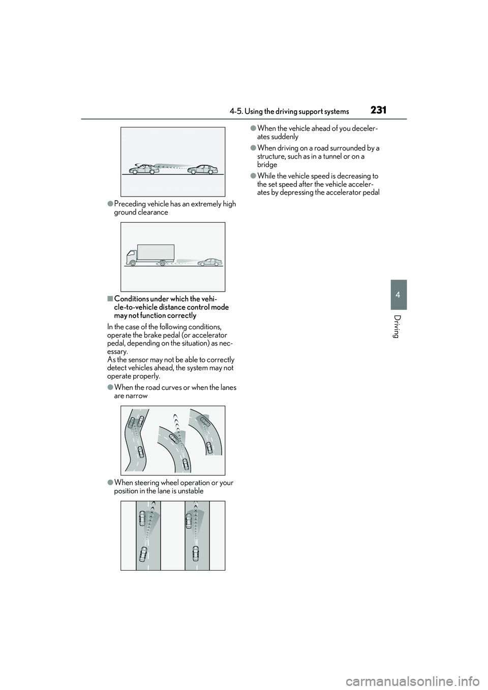 LEXUS RX350 2022 Owners Manual 2314-5. Using the driving support systems
4
Driving
●Preceding vehicle has an extremely high
ground clearance
■Conditions under which the vehi-
cle-to-vehicle distance control mode
may not funct LEXUS RX350 2022 Owners Manual 2314-5. Using the driving support systems
4
Driving
●Preceding vehicle has an extremely high
ground clearance
■Conditions under which the vehi-
cle-to-vehicle distance control mode
may not funct