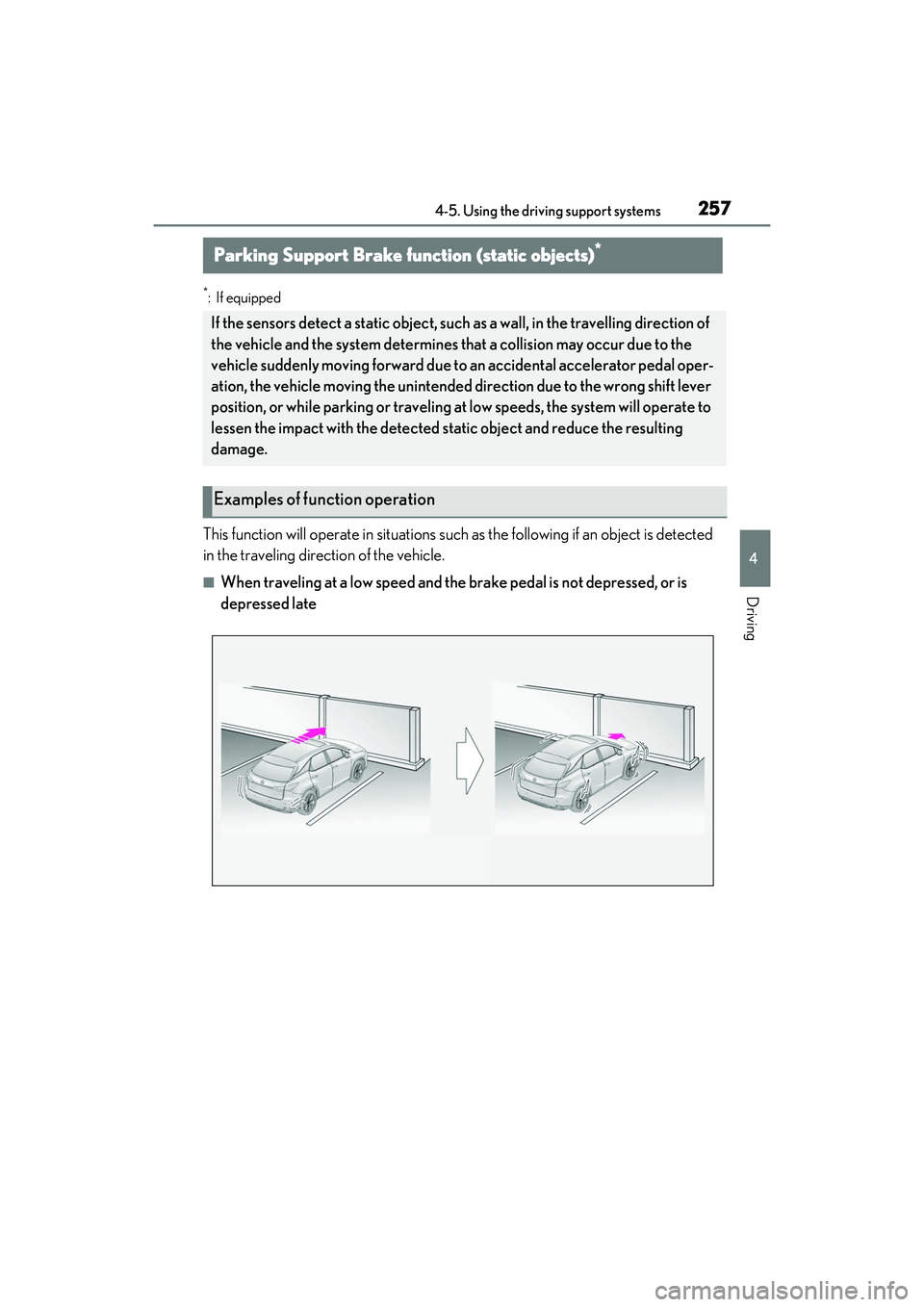 LEXUS RX350 2022 Workshop Manual 2574-5. Using the driving support systems
4
Driving
*:If equipped
This function will operate in situations such as the following if an object is detected
in the traveling direction of the vehicle.
LEXUS RX350 2022 Workshop Manual 2574-5. Using the driving support systems
4
Driving
*:If equipped
This function will operate in situations such as the following if an object is detected
in the traveling direction of the vehicle.