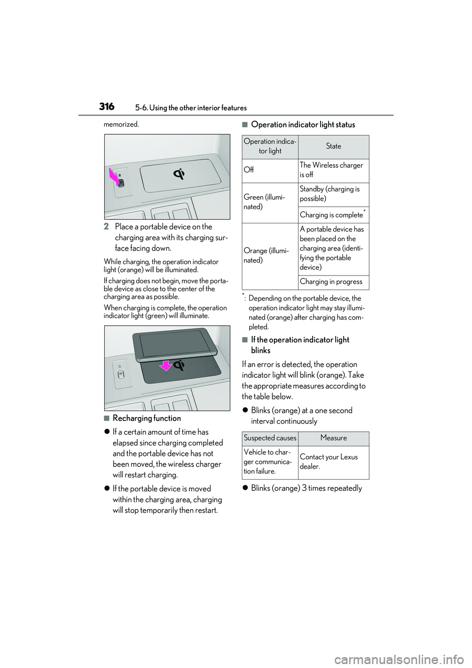 LEXUS RX350 2022 Owners Manual 3165-6. Using the other interior features
memorized.
2Place a portable device on the
charging area with its charging sur-
face facing down.
While charging, the operation indicator
light (orange) wil LEXUS RX350 2022 Owners Manual 3165-6. Using the other interior features
memorized.
2Place a portable device on the
charging area with its charging sur-
face facing down.
While charging, the operation indicator
light (orange) wil