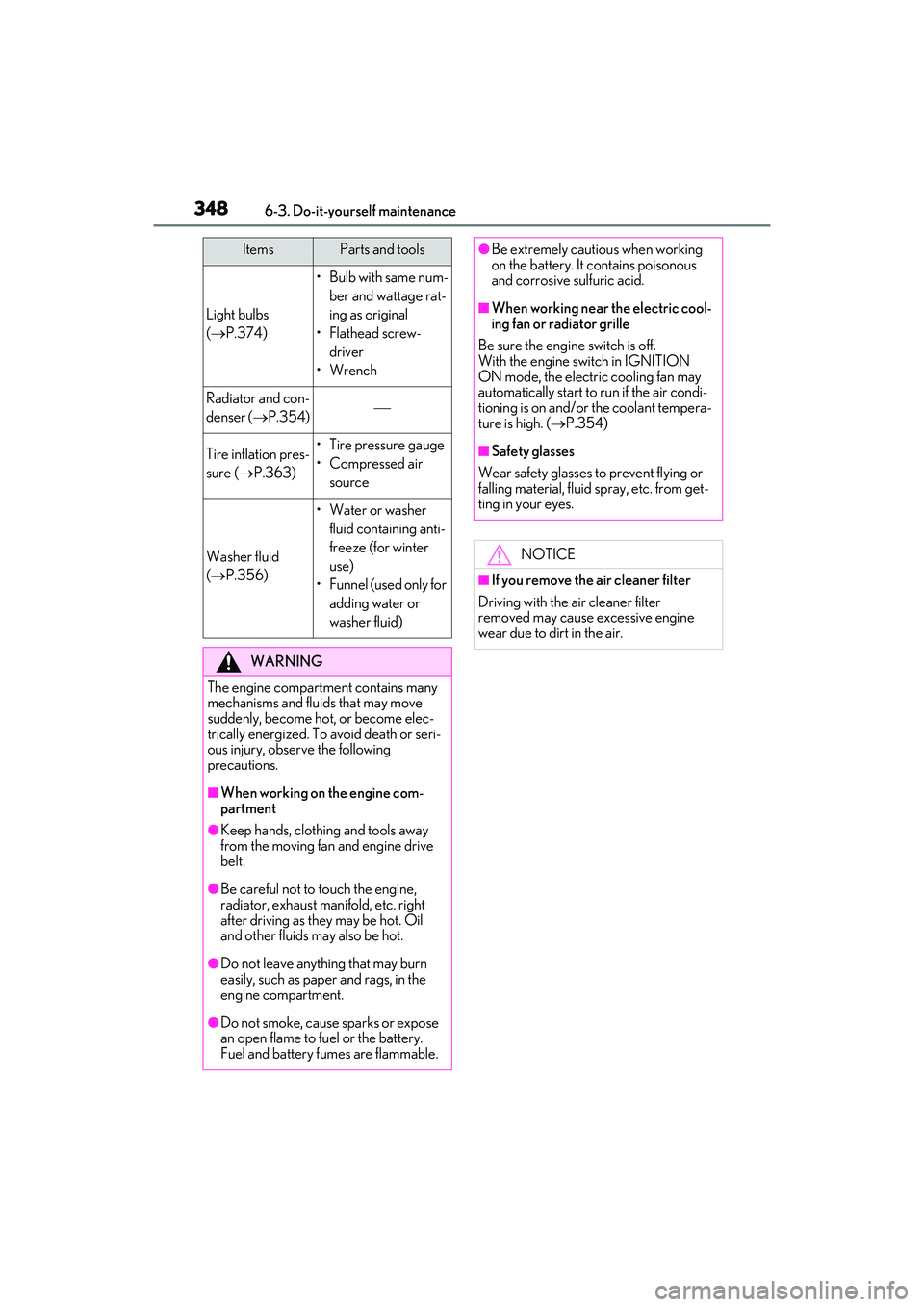 LEXUS RX350 2022 Owners Manual 3486-3. Do-it-yourself maintenance
Light bulbs
(P.374)
•Bulb with same num-
ber and wattage rat-
ing as original
•Flathead screw- driver
•Wrench
Radiator and con-
denser ( P.354)
Tire LEXUS RX350 2022 Owners Manual 3486-3. Do-it-yourself maintenance
Light bulbs
(P.374)
•Bulb with same num-
ber and wattage rat-
ing as original
•Flathead screw- driver
•Wrench
Radiator and con-
denser ( P.354)
Tire