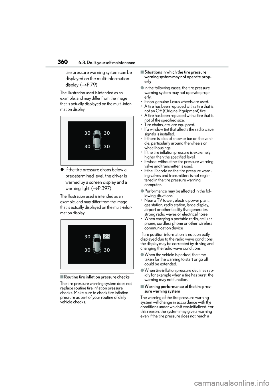 LEXUS RX350 2022  Owners Manual 3606-3. Do-it-yourself maintenance
tire pressure warning system can be 
displayed on the multi-information 
display. (P.79)
The illustration used is intended as an 
example, and may differ from the