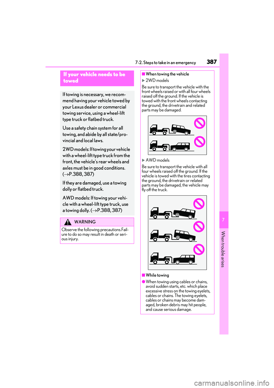 LEXUS RX350 2022  Owners Manual 3877-2. Steps to take in an emergency
7
When trouble arises
7-2.Steps to take in an emergency
If your vehicle needs to be 
towed
If towing is necessary, we recom-
mend having your vehicle towed by 
yo