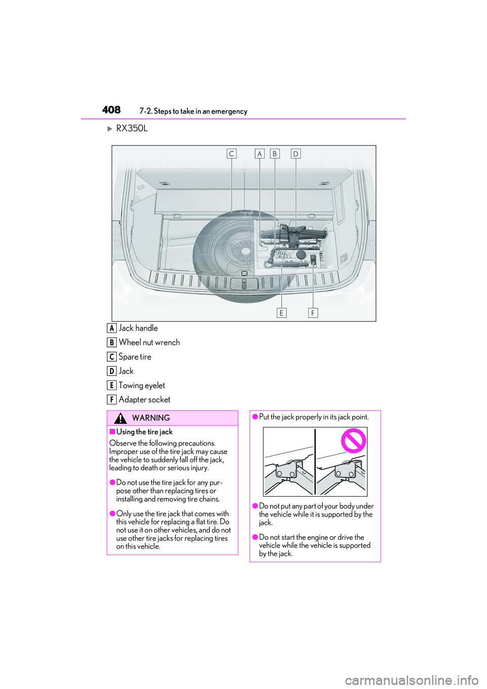 LEXUS RX350 2022 Owners Manual 4087-2. Steps to take in an emergency
RX350LJack handle
Wheel nut wrench
Spare tire
Jack
Towing eyelet
Adapter socket
A
B
C
D
E
F
WARNING
■Using the tire jack
Observe the following precautions.
LEXUS RX350 2022 Owners Manual 4087-2. Steps to take in an emergency
RX350LJack handle
Wheel nut wrench
Spare tire
Jack
Towing eyelet
Adapter socket
A
B
C
D
E
F
WARNING
■Using the tire jack
Observe the following precautions.