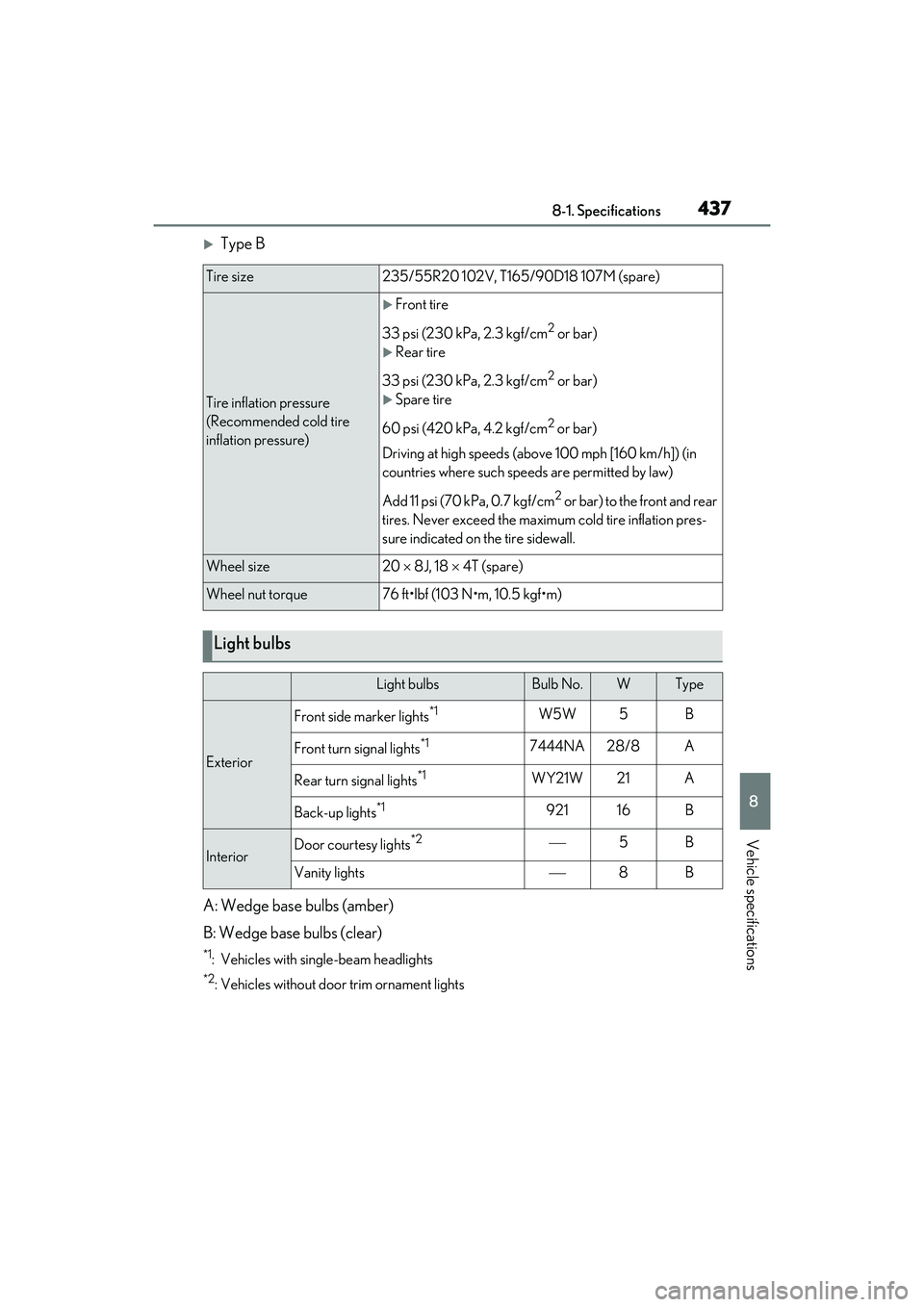 LEXUS RX350 2022  Owners Manual 4378-1. Specifications
8
Vehicle specifications
Type B
A: Wedge base bulbs (amber)
B: Wedge base bulbs (clear)
*1: Vehicles with single-beam headlights
*2: Vehicles without door trim ornament light