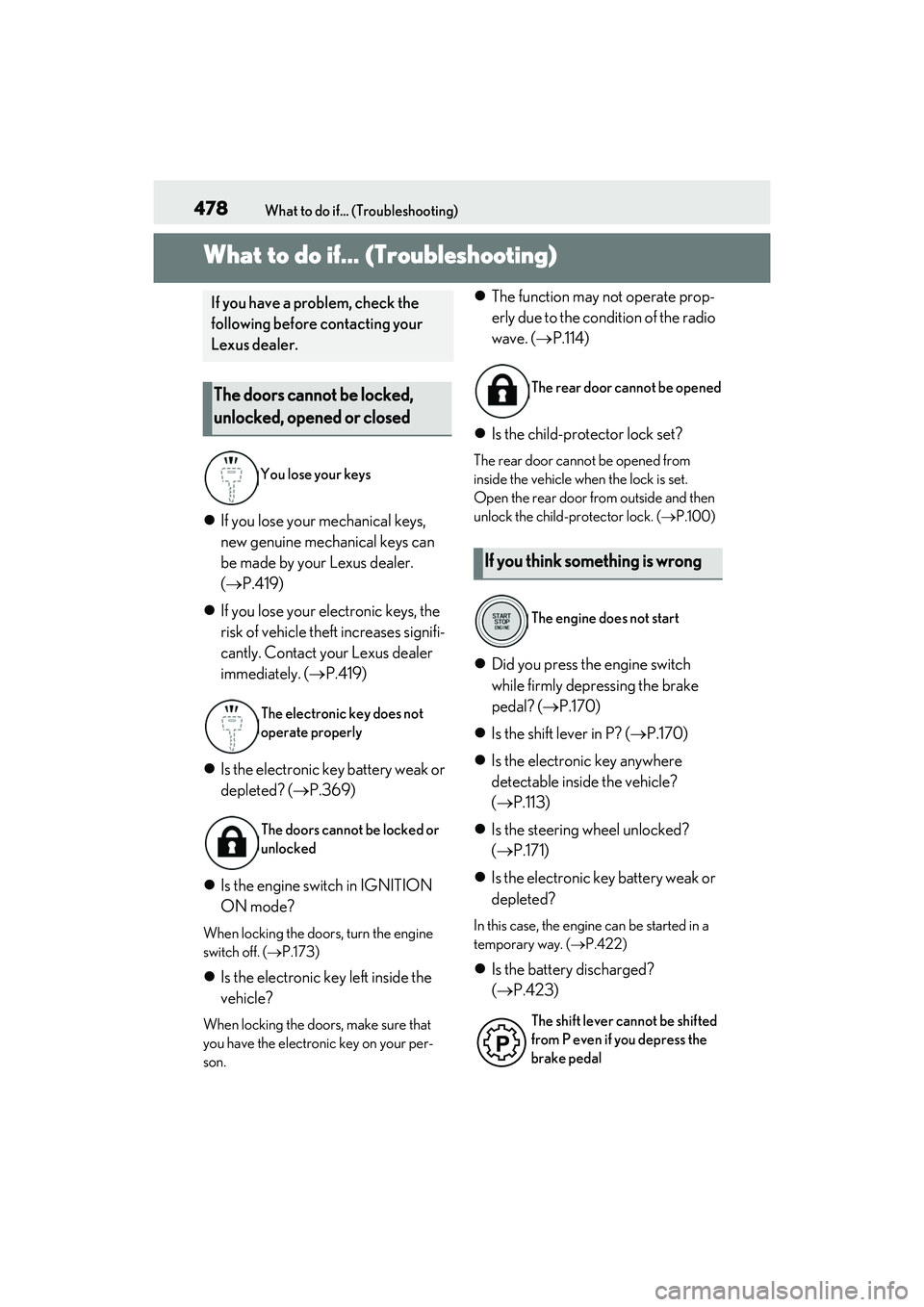 LEXUS RX350 2022 Owners Manual 478What to do if... (Troubleshooting)
1-1.What to do if... (Troubleshooting)What to do if... (Troubleshooting)
If you lose your mechanical keys,
new genuine mechanical keys can
be made by your Le LEXUS RX350 2022 Owners Manual 478What to do if... (Troubleshooting)
1-1.What to do if... (Troubleshooting)What to do if... (Troubleshooting)
If you lose your mechanical keys,
new genuine mechanical keys can
be made by your Le