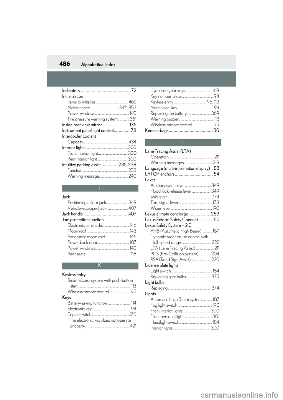 LEXUS RX350 2022 Owners Manual 486Alphabetical Index
Indicators ............................................................72
InitializationItems to initialize ......................................... 462
Maintenance ............ LEXUS RX350 2022 Owners Manual 486Alphabetical Index
Indicators ............................................................72
InitializationItems to initialize ......................................... 462
Maintenance ............