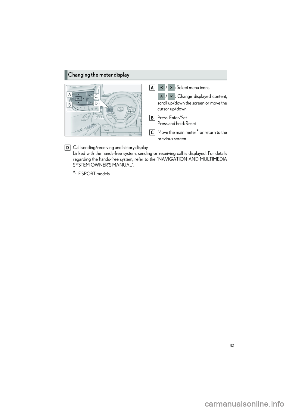 LEXUS UX 2022 Owners Manual 32
UX250h_QG_OM76572U_(U)
/ : Select menu icons
/ : Change displayed content,
scroll up/down the screen or move the
cursor up/down
Press: Enter/Set
Press and hold: Reset
Move the main meter
* or retur LEXUS UX 2022 Owners Manual 32
UX250h_QG_OM76572U_(U)
/ : Select menu icons
/ : Change displayed content,
scroll up/down the screen or move the
cursor up/down
Press: Enter/Set
Press and hold: Reset
Move the main meter
* or retur