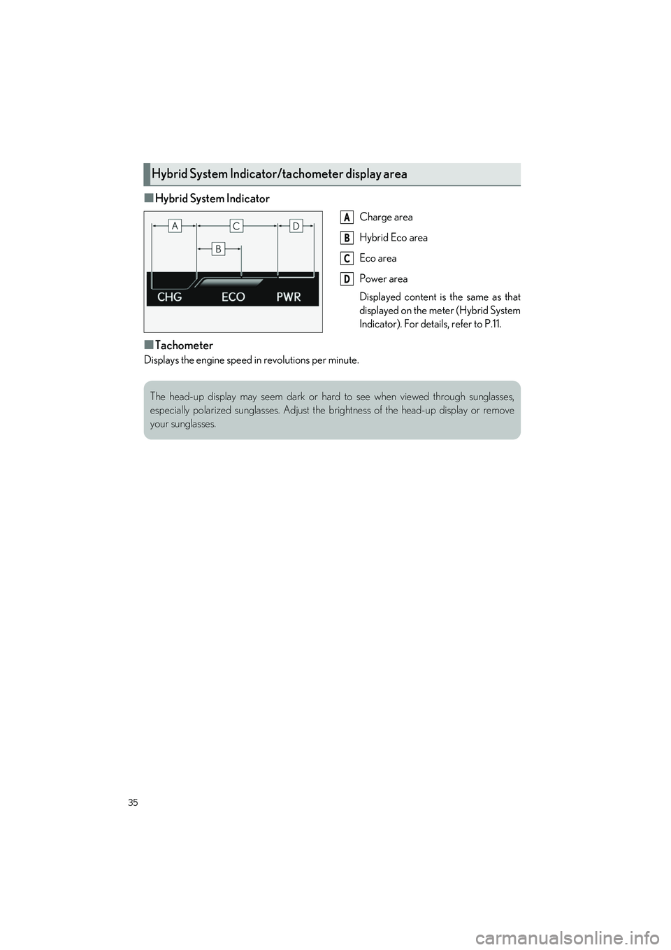 LEXUS UX 2022 User Guide 35
UX250h_QG_OM76572U_(U)
■Hybrid System Indicator
Charge area
Hybrid Eco area
Eco area
Power area
Displayed content is the same as that
displayed on the meter (Hybrid System
Indicator). For details LEXUS UX 2022 User Guide 35
UX250h_QG_OM76572U_(U)
■Hybrid System Indicator
Charge area
Hybrid Eco area
Eco area
Power area
Displayed content is the same as that
displayed on the meter (Hybrid System
Indicator). For details