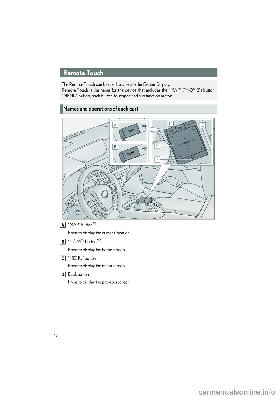 LEXUS UX 2022 Service Manual 43
UX250h_QG_OM76572U_(U)
“MAP” button*1
Press to display the current location.
“HOME” button
*2
Press to display the home screen.
“MENU” button
Press to display the menu screen.
Back butt LEXUS UX 2022 Service Manual 43
UX250h_QG_OM76572U_(U)
“MAP” button*1
Press to display the current location.
“HOME” button
*2
Press to display the home screen.
“MENU” button
Press to display the menu screen.
Back butt
