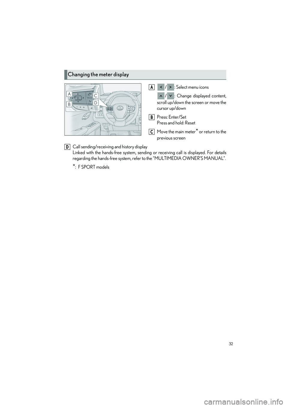 LEXUS UX 2023 Owners Guide 32
UX250h_QG_OM76642U_(U)
/ : Select menu icons
/ : Change displayed content,
scroll up/down the screen or move the
cursor up/down
Press: Enter/Set
Press and hold: Reset
Move the main meter
* or retur LEXUS UX 2023 Owners Guide 32
UX250h_QG_OM76642U_(U)
/ : Select menu icons
/ : Change displayed content,
scroll up/down the screen or move the
cursor up/down
Press: Enter/Set
Press and hold: Reset
Move the main meter
* or retur