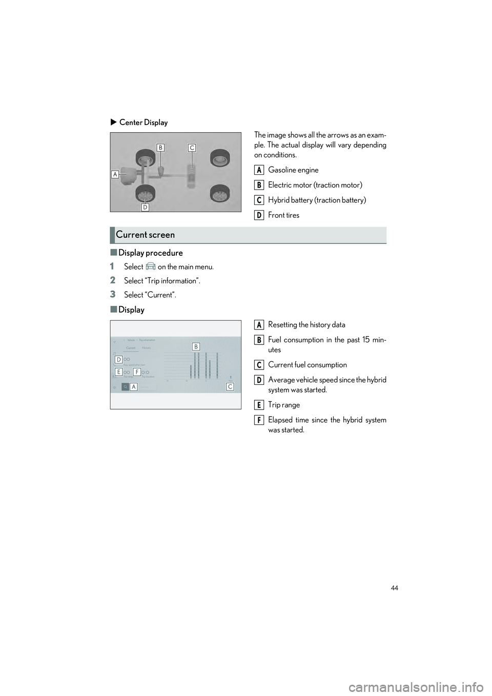 LEXUS UX 2023 User Guide 44
UX250h_QG_OM76642U_(U)
Center Display
The image shows all the arrows as an exam-
ple. The actual display will vary depending
on conditions.
Gasoline engine
Electric motor (traction motor)
Hybrid LEXUS UX 2023 User Guide 44
UX250h_QG_OM76642U_(U)
Center Display
The image shows all the arrows as an exam-
ple. The actual display will vary depending
on conditions.
Gasoline engine
Electric motor (traction motor)
Hybrid