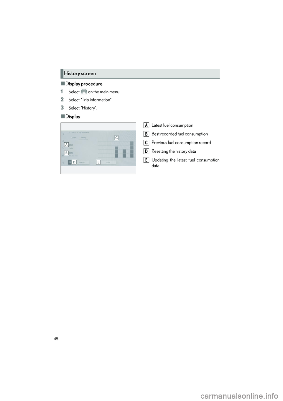 LEXUS UX 2023 User Guide 45
UX250h_QG_OM76642U_(U)
■Display procedure
1
Select on the main menu.
2Select “Trip information”.
3Select “History”.
■Display
Latest fuel consumption
Best recorded fuel consumption
Pre LEXUS UX 2023 User Guide 45
UX250h_QG_OM76642U_(U)
■Display procedure
1
Select on the main menu.
2Select “Trip information”.
3Select “History”.
■Display
Latest fuel consumption
Best recorded fuel consumption
Pre