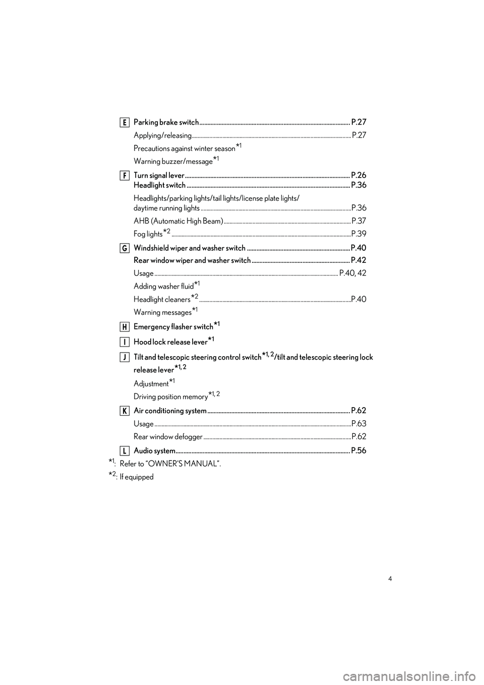 LEXUS UX 2024  Owners Manual 4
UX250h_QG_OM76733U_(U)
Parking brake switch ............................................................................................... P.27
Applying/releasing...................................