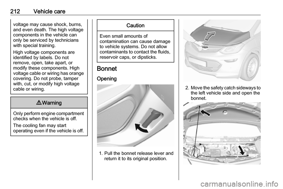 OPEL AMPERA E 2018  Owners Manual 212Vehicle carevoltage may cause shock, burns,
and even death. The high voltage
components in the vehicle can
only be serviced by technicians
with special training.
High voltage components are
identif