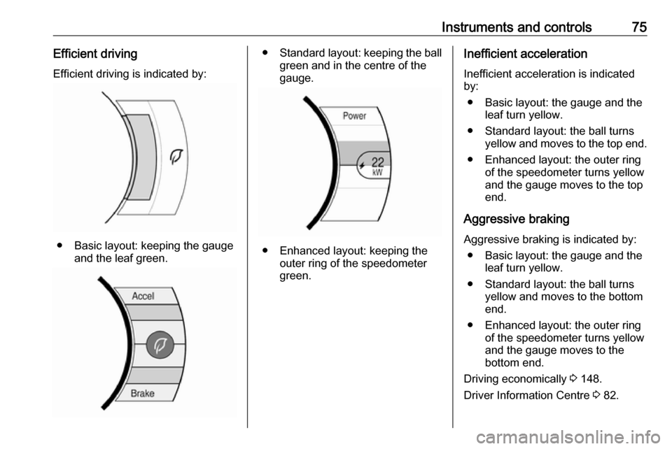 OPEL AMPERA E 2018.5 Manual user Instruments and controls75Efficient drivingEfficient driving is indicated by:
● Basic layout: keeping the gauge and the leaf green.
● Standard layout: keeping the ball
green and in the centre of t OPEL AMPERA E 2018.5 Manual user Instruments and controls75Efficient drivingEfficient driving is indicated by:
● Basic layout: keeping the gauge and the leaf green.
● Standard layout: keeping the ball
green and in the centre of t