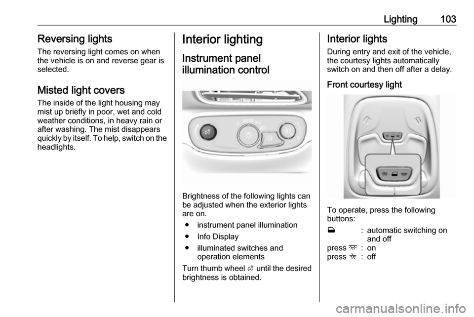 OPEL AMPERA E 2019 Manual user Lighting103Reversing lights
The reversing light comes on when
the vehicle is on and reverse gear is
selected.
Misted light covers The inside of the light housing may
mist up briefly in poor, wet and c OPEL AMPERA E 2019 Manual user Lighting103Reversing lights
The reversing light comes on when
the vehicle is on and reverse gear is
selected.
Misted light covers The inside of the light housing may
mist up briefly in poor, wet and c