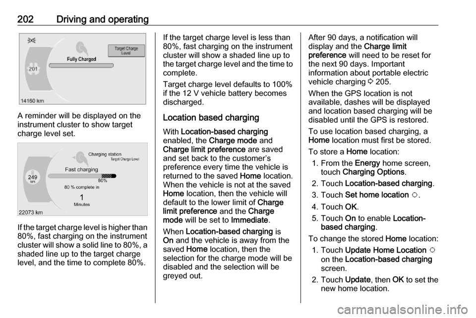 OPEL AMPERA E 2019 Owners Guide 202Driving and operating
A reminder will be displayed on the
instrument cluster to show target
charge level set.
If the target charge level is higher than
80%, fast charging on the instrument
cluster 
