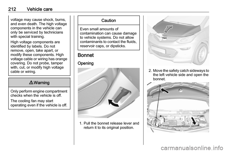 OPEL AMPERA E 2019  Owners Manual 212Vehicle carevoltage may cause shock, burns,
and even death. The high voltage
components in the vehicle can
only be serviced by technicians
with special training.
High voltage components are
identif