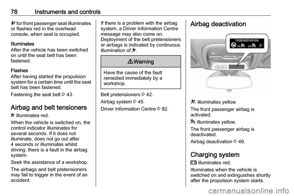 OPEL AMPERA E 2019 Manual PDF 78Instruments and controlsk for front passenger seat illuminates
or flashes red in the overhead
console, when seat is occupied.
Illuminates
After the vehicle has been switched on until the seat belt h