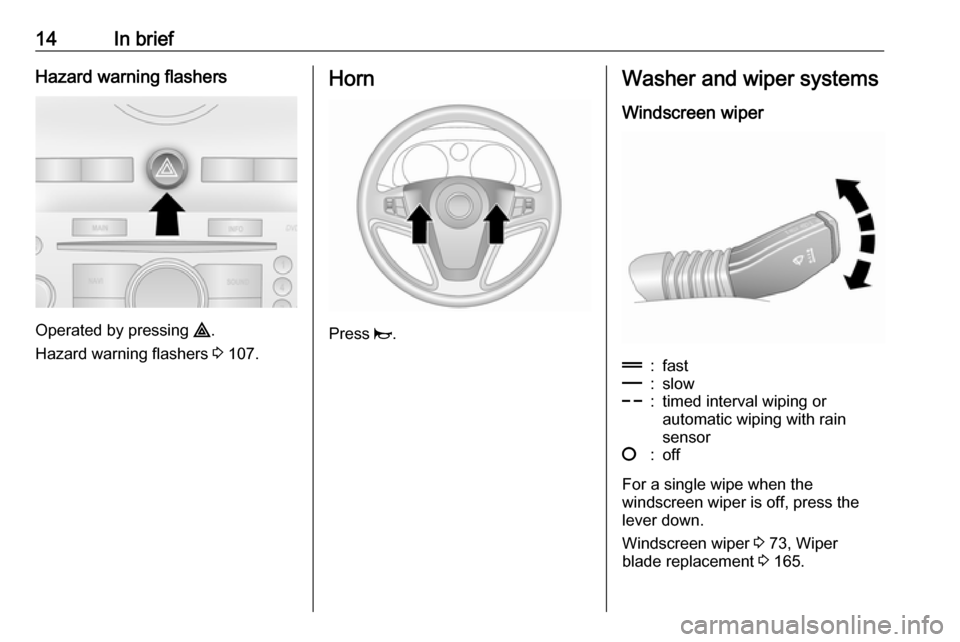 OPEL ANTARA 2017.5  Owners Manual 14In briefHazard warning flashers
Operated by pressing ¨.
Hazard warning flashers  3 107.
Horn
Press  j.
Washer and wiper systems
Windscreen wiper&:fast%:slow$:timed interval wiping or
automatic wipi