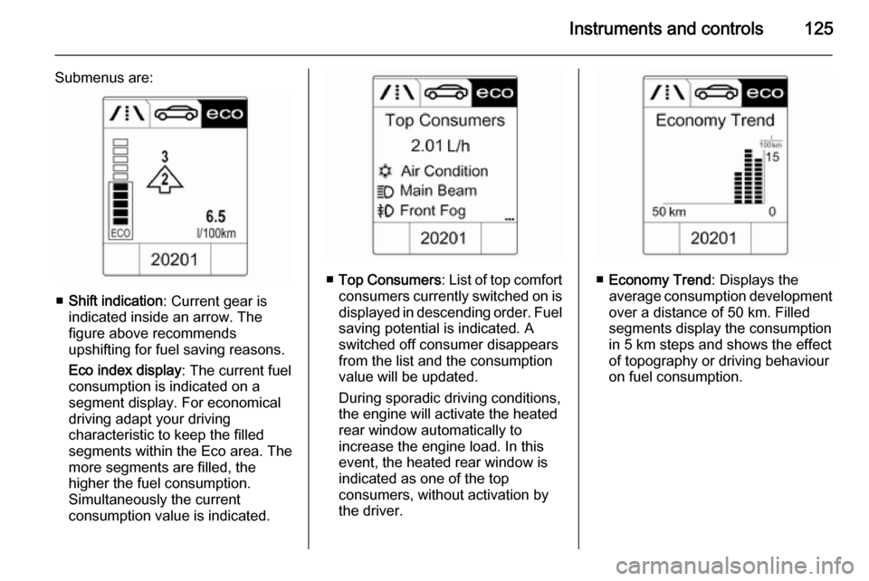 OPEL ASTRA J 2014  Owners Manual Instruments and controls125
Submenus are:
■Shift indication : Current gear is
indicated inside an arrow. The
figure above recommends
upshifting for fuel saving reasons.
Eco index display : The curre