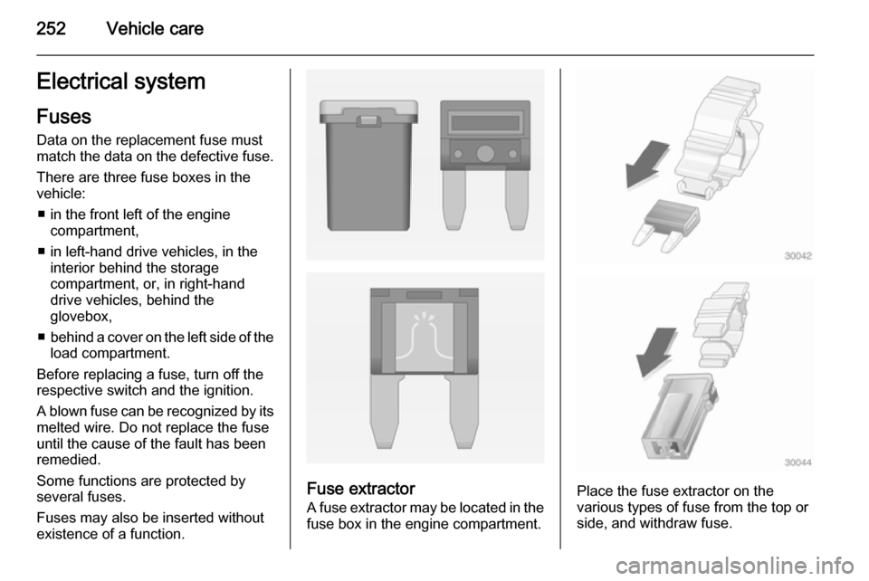 OPEL ASTRA J 2014  Owners Manual 252Vehicle careElectrical systemFuses
Data on the replacement fuse must
match the data on the defective fuse.
There are three fuse boxes in the
vehicle:
■ in the front left of the engine compartment