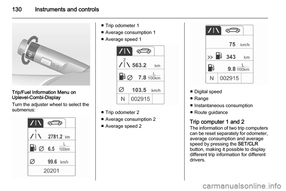 OPEL ASTRA J 2015  Owners Manual 130Instruments and controls
Trip/Fuel Information Menu on
Uplevel-Combi-Display
Turn the adjuster wheel to select the
submenus:
■ Trip odometer 1
■ Average consumption 1
■ Average speed 1
■ Tr
