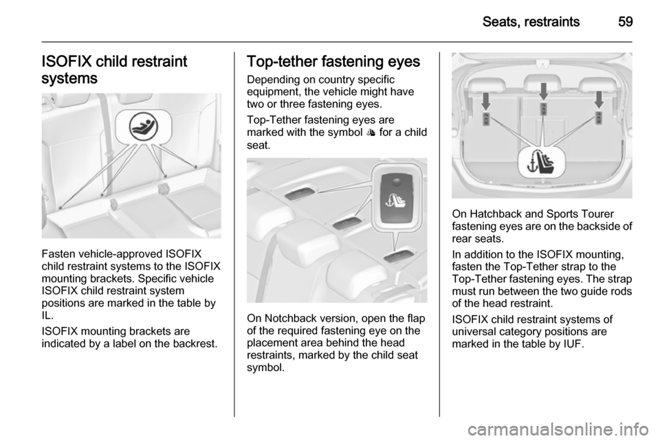 OPEL ASTRA J 2015 Repair Manual Seats, restraints59ISOFIX child restraint
systems
Fasten vehicle-approved ISOFIX
child restraint systems to the ISOFIX
mounting brackets. Specific vehicle
ISOFIX child restraint system
positions are m