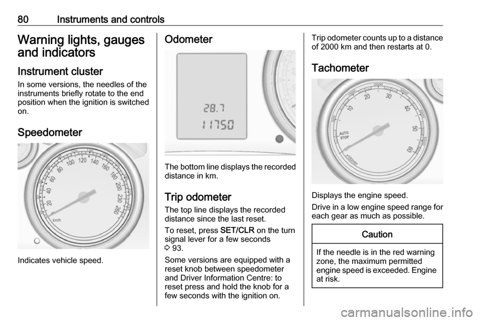 OPEL ASTRA J 2018  Owners Manual 80Instruments and controlsWarning lights, gauges
and indicators
Instrument cluster
In some versions, the needles of the
instruments briefly rotate to the end
position when the ignition is switched
on.