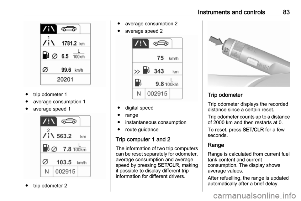 OPEL ASTRA J 2019  Manual user Instruments and controls83
● trip odometer 1
● average consumption 1
● average speed 1
● trip odometer 2
● average consumption 2
● average speed 2
● digital speed
● range
● instantan