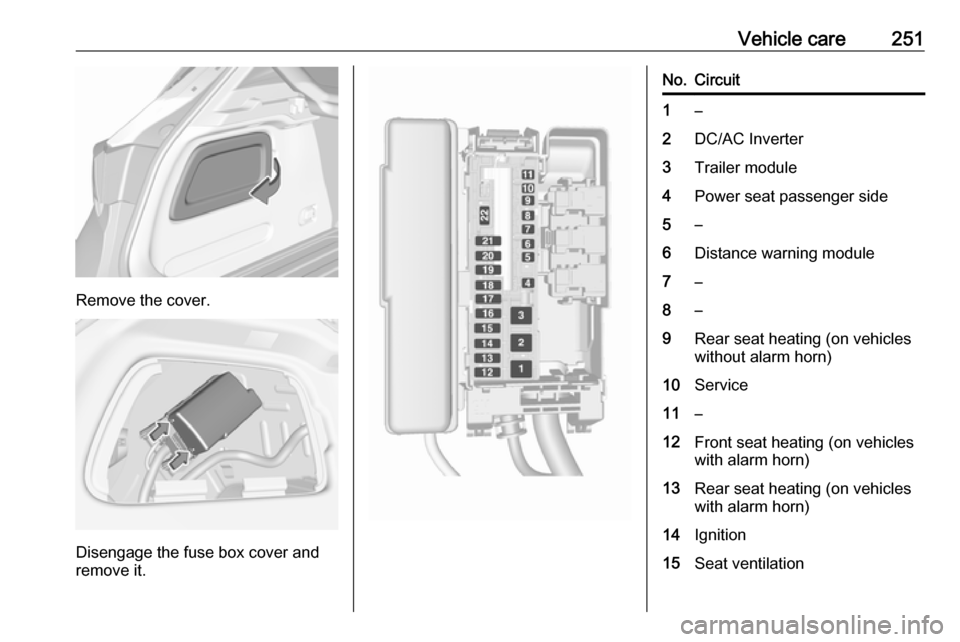 OPEL ASTRA K 2018 Owners Manual Vehicle care251
Remove the cover.
Disengage the fuse box cover and
remove it.
No.Circuit1–2DC/AC Inverter3Trailer module4Power seat passenger side5–6Distance warning module7–8–9Rear seat heati OPEL ASTRA K 2018 Owners Manual Vehicle care251
Remove the cover.
Disengage the fuse box cover and
remove it.
No.Circuit1–2DC/AC Inverter3Trailer module4Power seat passenger side5–6Distance warning module7–8–9Rear seat heati