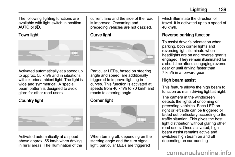 OPEL ASTRA K 2018.5 Owners Manual Lighting139The following lighting functions are
available with light switch in position
AUTO or 9.
Town light
Activated automatically at a speed up to approx. 55 km/h and in situations
with exterior OPEL ASTRA K 2018.5 Owners Manual Lighting139The following lighting functions are
available with light switch in position
AUTO or 9.
Town light
Activated automatically at a speed up to approx. 55 km/h and in situations
with exterior