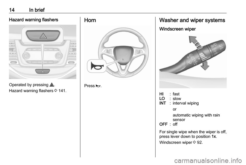 OPEL ASTRA K 2018.5 User Guide 14In briefHazard warning flashers
Operated by pressing ¨.
Hazard warning flashers  3 141.
Horn
Press  j.
Washer and wiper systems
Windscreen wiperHI:fastLO:slowINT:interval wiping
or
automatic wiping