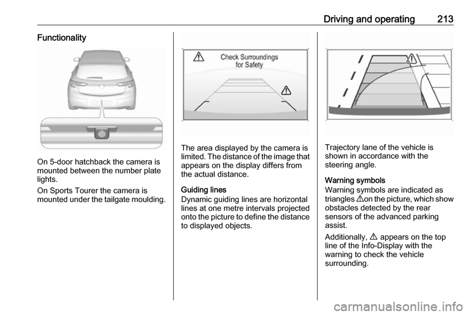 OPEL ASTRA K 2018.75  Owners Manual Driving and operating213Functionality
On 5-door hatchback the camera is
mounted between the number plate
lights.
On Sports Tourer the camera is
mounted under the tailgate moulding.
The area displayed 