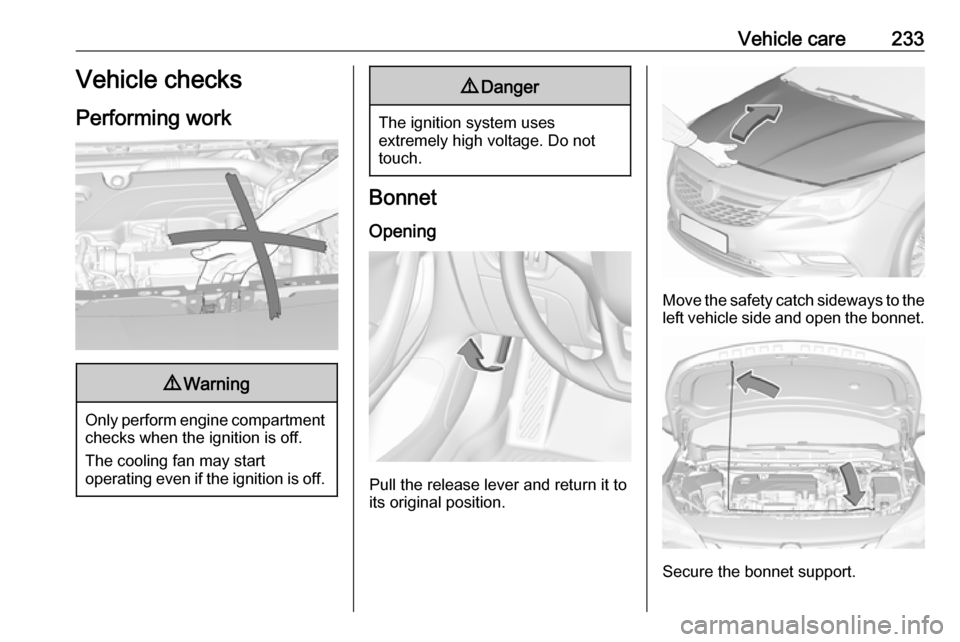 OPEL ASTRA K 2018.75  Manual user Vehicle care233Vehicle checks
Performing work9 Warning
Only perform engine compartment
checks when the ignition is off.
The cooling fan may start
operating even if the ignition is off.
9 Danger
The ig