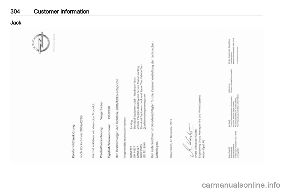 OPEL ASTRA K 2018.75  Manual user 304Customer informationJack 