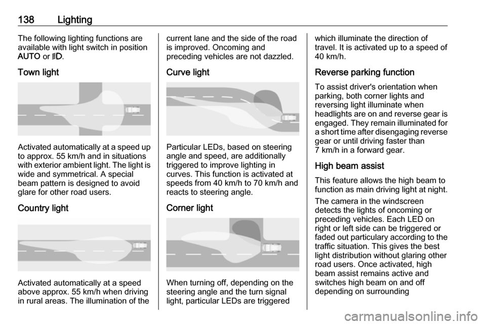 OPEL ASTRA K 2019 Owners Manual 138LightingThe following lighting functions are
available with light switch in position
AUTO or 9.
Town light
Activated automatically at a speed up to approx. 55 km/h and in situations
with exterior OPEL ASTRA K 2019 Owners Manual 138LightingThe following lighting functions are
available with light switch in position
AUTO or 9.
Town light
Activated automatically at a speed up to approx. 55 km/h and in situations
with exterior