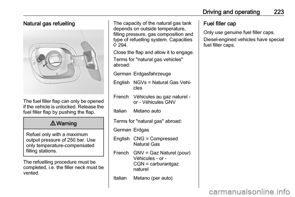 OPEL ASTRA K 2019 Manual user Driving and operating223Natural gas refuelling
The fuel filler flap can only be opened
if the vehicle is unlocked. Release the
fuel filler flap by pushing the flap.
9 Warning
Refuel only with a maximu OPEL ASTRA K 2019 Manual user Driving and operating223Natural gas refuelling
The fuel filler flap can only be opened
if the vehicle is unlocked. Release the
fuel filler flap by pushing the flap.
9 Warning
Refuel only with a maximu