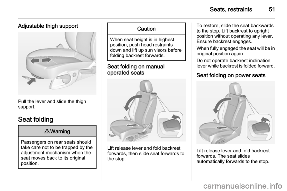 OPEL CASCADA 2015  Owners Manual Seats, restraints51
Adjustable thigh support
Pull the lever and slide the thigh
support.
Seat folding
9 Warning
Passengers on rear seats should
take care not to be trapped by the
adjustment mechanism 