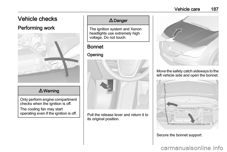OPEL CASCADA 2019  Manual user Vehicle care187Vehicle checks
Performing work9 Warning
Only perform engine compartment
checks when the ignition is off.
The cooling fan may start
operating even if the ignition is off.
9 Danger
The ig