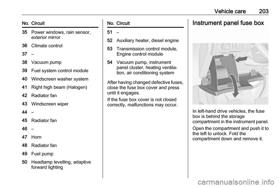 OPEL CASCADA 2019  Manual user Vehicle care203No.Circuit35Power windows, rain sensor,
exterior mirror36Climate control37–38Vacuum pump39Fuel system control module40Windscreen washer system41Right high beam (Halogen)42Radiator fan