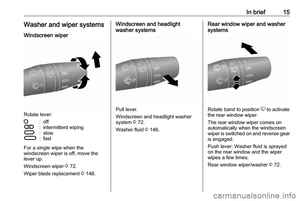 OPEL COMBO D 2018 User Guide In brief15Washer and wiper systems
Windscreen wiper
Rotate lever:
§:offÇ:intermittent wipingÈ:slowÉ:fast
For a single wipe when the
windscreen wiper is off, move the
lever up.
Windscreen wiper  3 