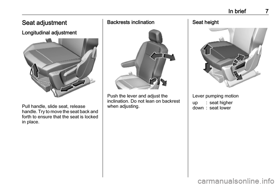 OPEL COMBO E 2019.1  Owners Manual In brief7Seat adjustmentLongitudinal adjustment
Pull handle, slide seat, release
handle. Try to move the seat back and forth to ensure that the seat is locked
in place.
Backrests inclination
Push the 