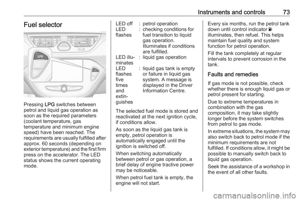 OPEL CORSA E 2019  Manual user Instruments and controls73Fuel selector
Pressing LPG switches between
petrol and liquid gas operation as
soon as the required parameters (coolant temperature, gas
temperature and minimum engine
speed)