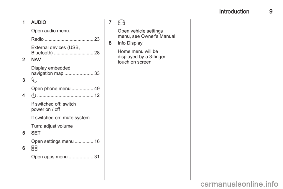 OPEL CORSA F 2020  Infotainment system Introduction91 AUDIOOpen audio menu:
Radio ..................................... 23
External devices (USB,
Bluetooth) .............................. 28
2 NAV
Display embedded
navigation map ..........