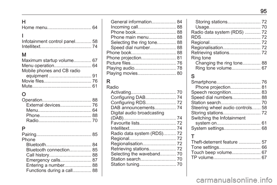 OPEL CROSSLAND X 2018  Infotainment system 95HHome menu .................................. 64
I Infotainment control panel ............58
Intellitext ....................................... 74
M
Maximum startup volume .............67
Menu oper