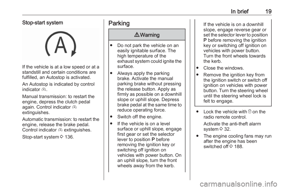OPEL CROSSLAND X 2018.5 Owners Guide In brief19Stop-start system
If the vehicle is at a low speed or at astandstill and certain conditions are
fulfilled, an Autostop is activated.
An Autostop is indicated by control
indicator  D.
Manual 